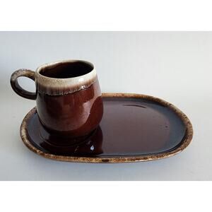 Hull Oven Proof USA Snack Plate & Mug Set – Brown Drip Glaze
